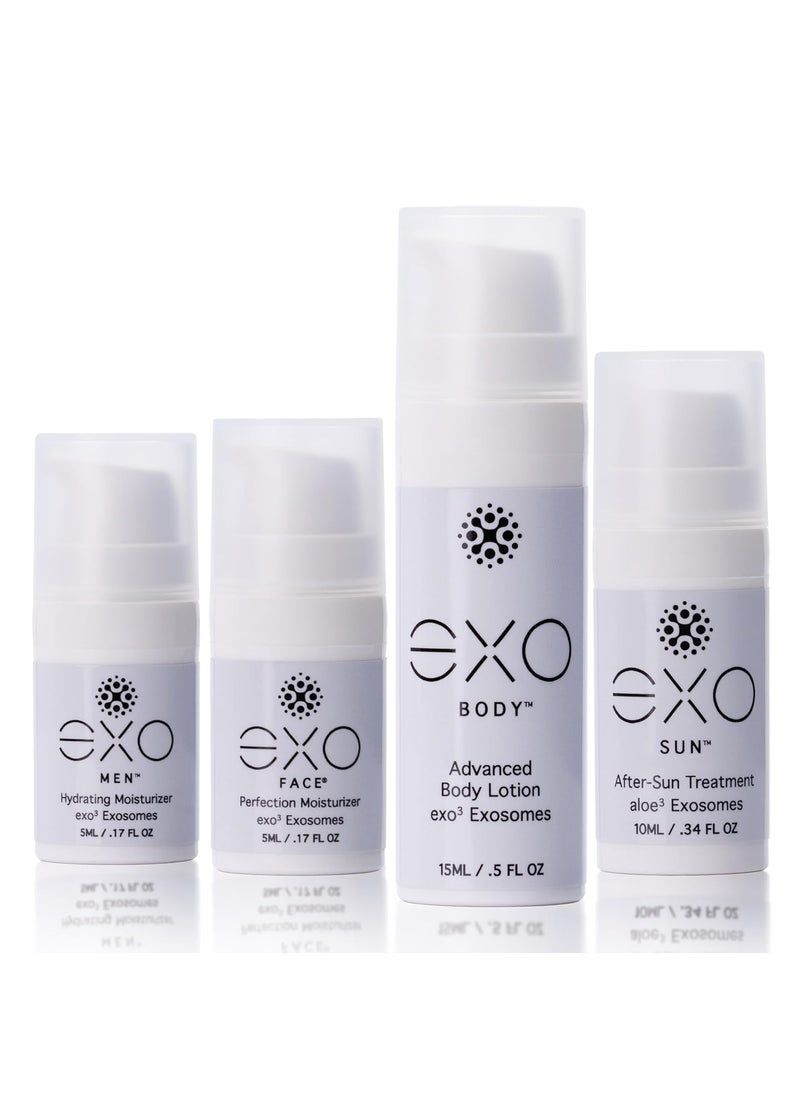 exoceuticals Travel Size Assortment | Unprecedented Hydration | Innovative Exosome Skin Care Solutions | 4 travel-sized bottles (1 EXO BODY™, 1 EXO SUN™, 1 EXO FACE®, 1EXO MEN™) | 35ML / 1.18 fl oz 