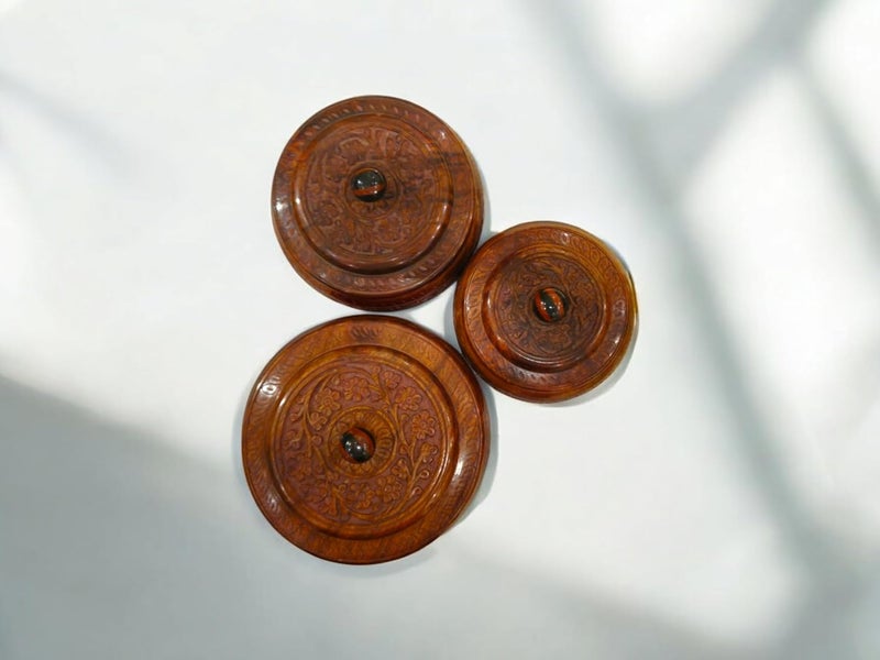 Artisans Bazar Set of 3 Carved Antique Wooden Dry FruitMasalaSpice BoxSheesham Wood Kitchen Masala Spice Boxes Masala Daani Namak Dani Dabba Multipurpose Decorative Boxes - Image 4