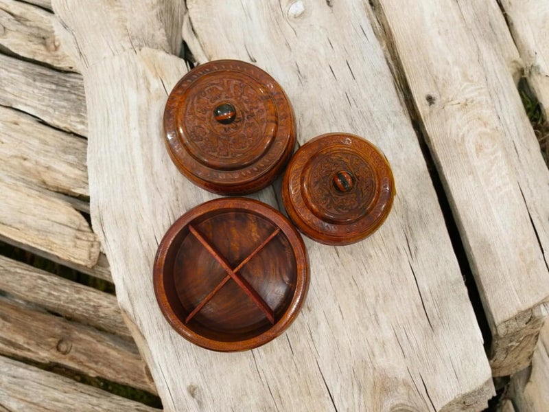 Artisans Bazar Set of 3 Carved Antique Wooden Dry FruitMasalaSpice BoxSheesham Wood Kitchen Masala Spice Boxes Masala Daani Namak Dani Dabba Multipurpose Decorative Boxes - Image 1