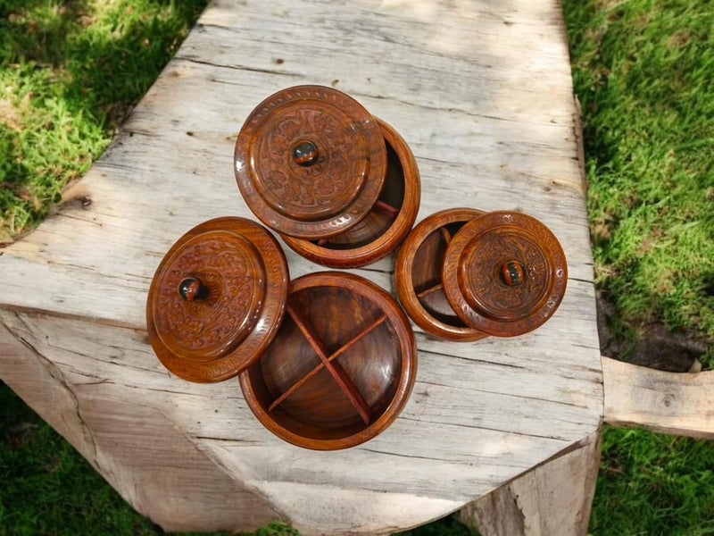 Artisans Bazar Set of 3 Carved Antique Wooden Dry FruitMasalaSpice BoxSheesham Wood Kitchen Masala Spice Boxes Masala Daani Namak Dani Dabba Multipurpose Decorative Boxes - Image 2