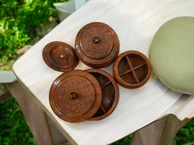 Artisans Bazar Set of 3 Carved Antique Wooden Dry FruitMasalaSpice BoxSheesham Wood Kitchen Masala Spice Boxes Masala Daani Namak Dani Dabba Multipurpose Decorative Boxes - Image 3