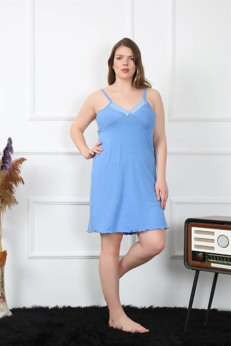 اكبينيز Women's Cotton Blue Rope Strap Large Size Nightgown 1021