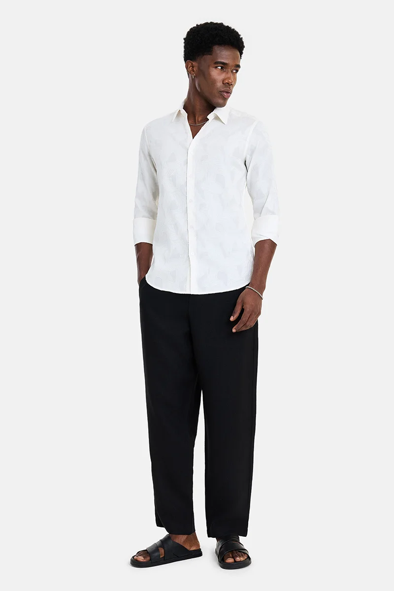 سنيتش White Textured Long Sleeve Slim Fit Casual Shirt