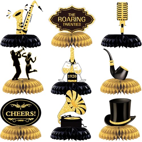 Epakh 10 Pcs Roaring 1920s Party Decorations Honeycomb Centerpiece Black and Gold Birthday Music Party Table for 1920s Birthday Speakeasy Vintage Flapper Wedding Party Supplies - Image 1