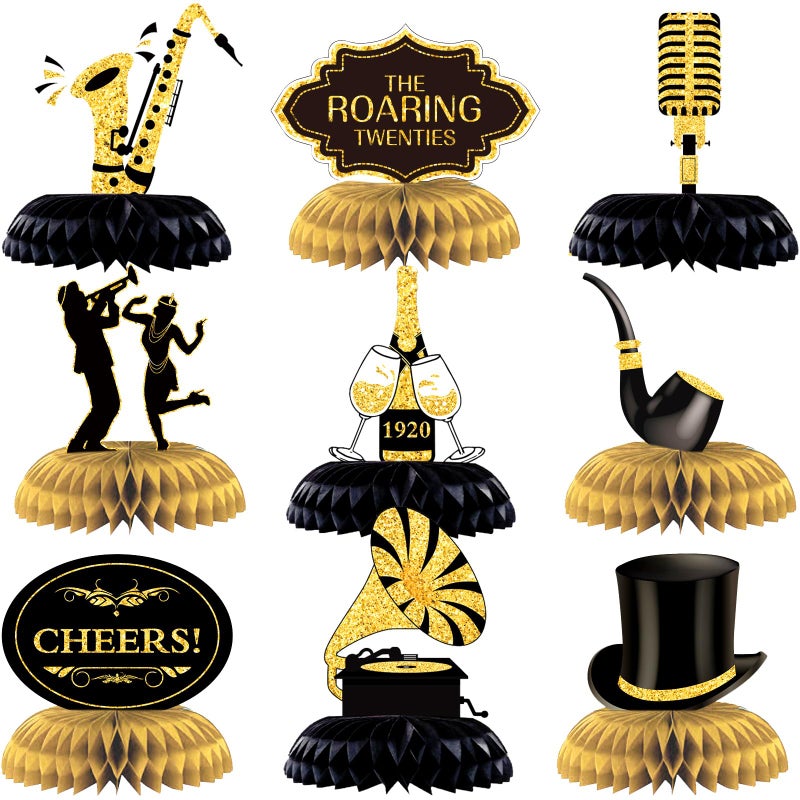 Epakh 10 Pcs Roaring 1920s Party Decorations Honeycomb Centerpiece Black and Gold Birthday Music Party Table for 1920s Birthday Speakeasy Vintage Flapper Wedding Party Supplies - Image 3