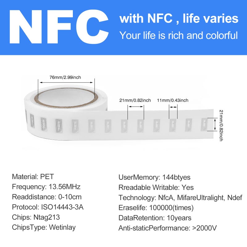 LeadSeals 50 PCS NFC Tags Sticker with NTAG213 Chip Blank NFC Stickers Adhesive Labels RFID Tags Rewritable 137 Bytes Memory Compatible with All NFC-Enabled Smartphones and Devices - Image 3