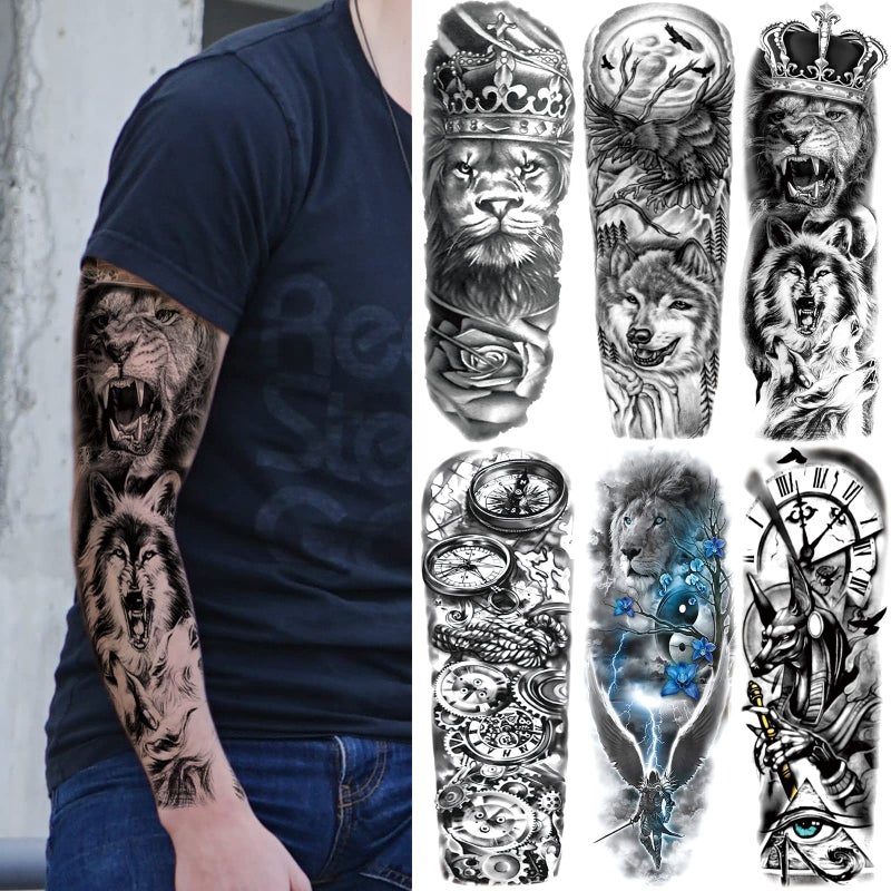 Wolf Lion Temporary Tattoo Sleeves Full Arm Black Tribal Animal Fake Tattoos Sleeve For Men Women Adult Large Long Lasting Compass Temp Tatoo Sticker Leg Body Art Makeup 6Sheet