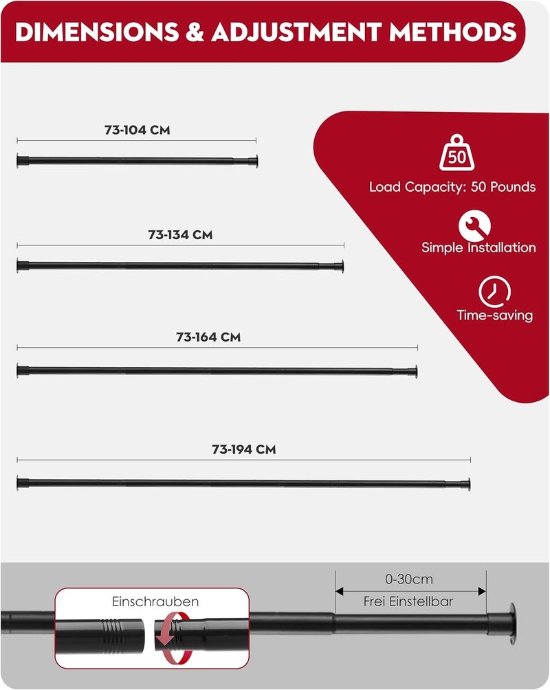 Tiemlet Black Wardrobe Pole, 74-193cm Wardrobe Rail Extendable With Screws and Sockets, 25MM Stainless Steel Clothes Rail for Wardrobe and Bedroom - Image 4