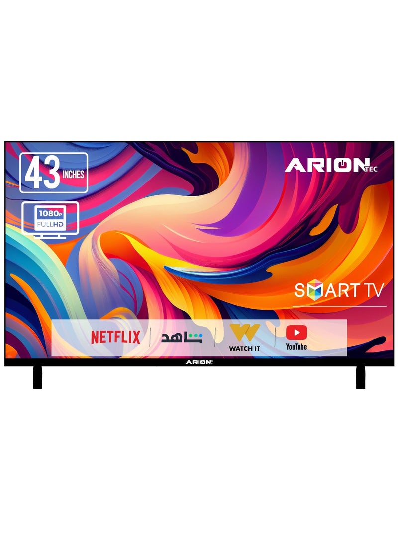 أريون تلفزيون 43 بوصة ذكي بنظام أندرويد Full HD، شاشة فئة A+، تصميم بدون حواف، واي فاي، مداخل HDMI وUSB – موديل AR-43 T4S - Image 1