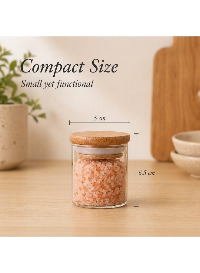 Honey Bee 75ML Mini Round Glass Storage Jar with Bamboo Lid 5.0x5.0x6.5cm, Airtight BPA-Free Container, Small Spice Jar for Herbs Salt Sugar Tea Kitchen Organizer - Image 2