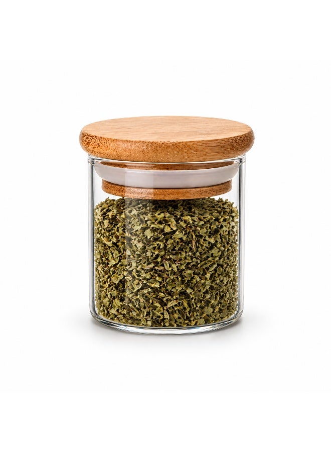 Honey Bee 75ML Mini Round Glass Storage Jar with Bamboo Lid 5.0x5.0x6.5cm, Airtight BPA-Free Container, Small Spice Jar for Herbs Salt Sugar Tea Kitchen Organizer - Image 1