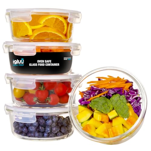Igluu Meal Prep Round Glass Containers with Air Vent Lids (5 Pack+Extra Lid) – Airtight & BPA-Free – Oven, Microwave, Freezer and Dishwasher Safe – 32oz – Durable Borosilicate Glass - Image 1