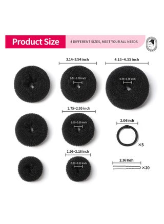 7 Hair Bun Makers Set, Black Buns Shaper Hair Styling Accessories Kit with 5 Bands and 20 Bun Pins, Donut Ring Style Chignon Bun Maker, For Ballet Dance (2 Small 2 Medium 2 Large 1 Extra-Large) - view 2