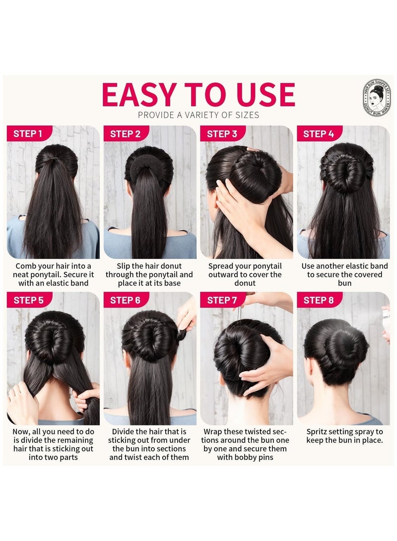 KHAJUL 7 Hair Bun Makers Set, Black Buns Shaper Hair Styling Accessories Kit with 5 Bands and 20 Bun Pins, Donut Ring Style Chignon Bun Maker, For Ballet Dance (2 Small 2 Medium 2 Large 1 Extra-Large) - Image 3