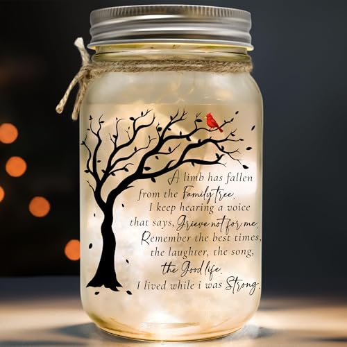 2IMT Memorial Gifts Mason Jar Light Red Cardinal Memory Gifts for Loss Loved Ones Bereavement Gift Idea Sympathy Loss of Mother Dad Son HusbandFamily Member A Limb Has Fallen From Our Family Tree - Image 1