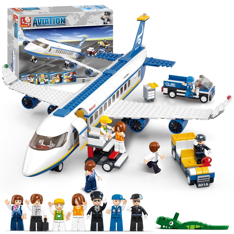 Sluban City Passenger Airplane Building Set, 4 in 1 STEM Toy with a Large Plane, Passenger Bus, Luggage Truck, Container Loader, and 7 Minifigures, Compatible with Lego Plane, Airport Gift for Boy 6-12 - Image 1