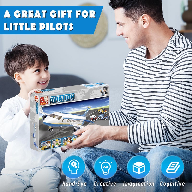 Sluban City Passenger Airplane Building Set, 4 in 1 STEM Toy with a Large Plane, Passenger Bus, Luggage Truck, Container Loader, and 7 Minifigures, Compatible with Lego Plane, Airport Gift for Boy 6-12 - Image 4