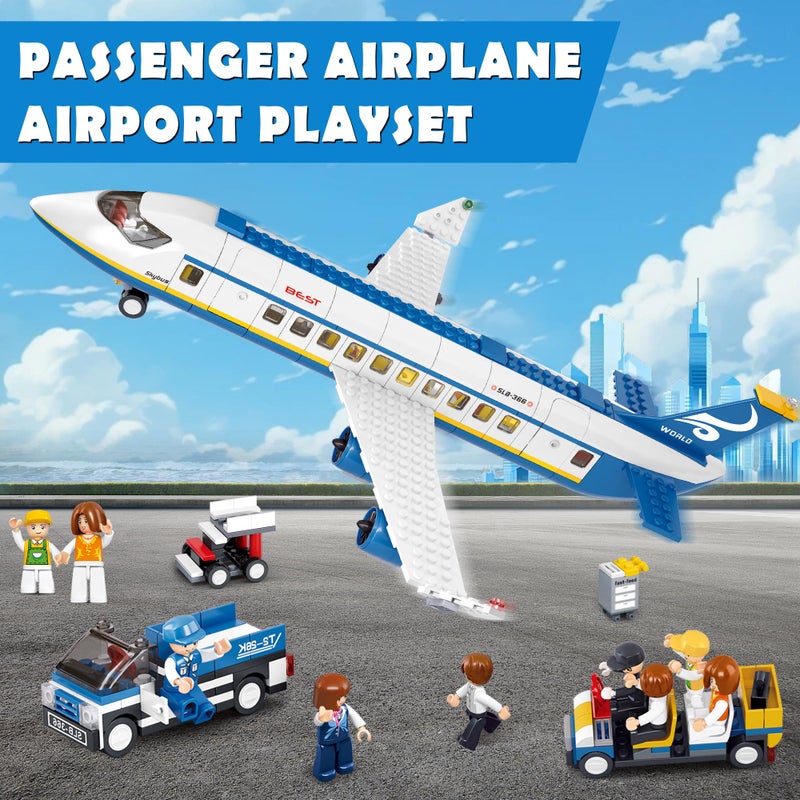 Sluban City Passenger Airplane Building Set, 4 in 1 STEM Toy with a Large Plane, Passenger Bus, Luggage Truck, Container Loader, and 7 Minifigures, Compatible with Lego Plane, Airport Gift for Boy 6-12 - Image 2