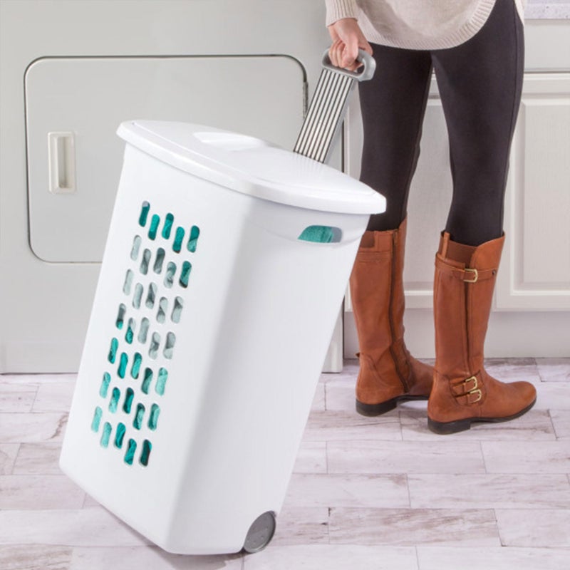 Sterilite 3-Pack Ultra Wheeled Hamper, Laundry Basket w/ Flip-Top Lid & Retractable Handle - Plastic Rolling Clothes Storage Cart with Ventilated Holes for Home, Apartment or Dorm - Image 5