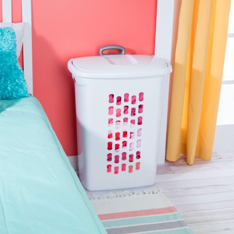 Sterilite 3-Pack Ultra Wheeled Hamper, Laundry Basket w/ Flip-Top Lid & Retractable Handle - Plastic Rolling Clothes Storage Cart with Ventilated Holes for Home, Apartment or Dorm - Image 4