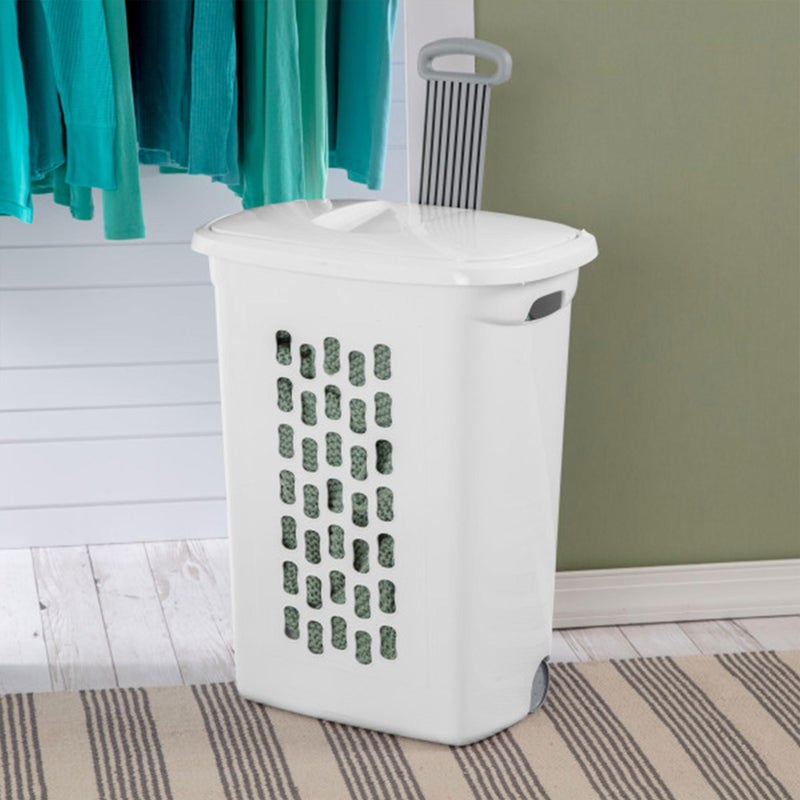 Sterilite 3-Pack Ultra Wheeled Hamper, Laundry Basket w/ Flip-Top Lid & Retractable Handle - Plastic Rolling Clothes Storage Cart with Ventilated Holes for Home, Apartment or Dorm - Image 3
