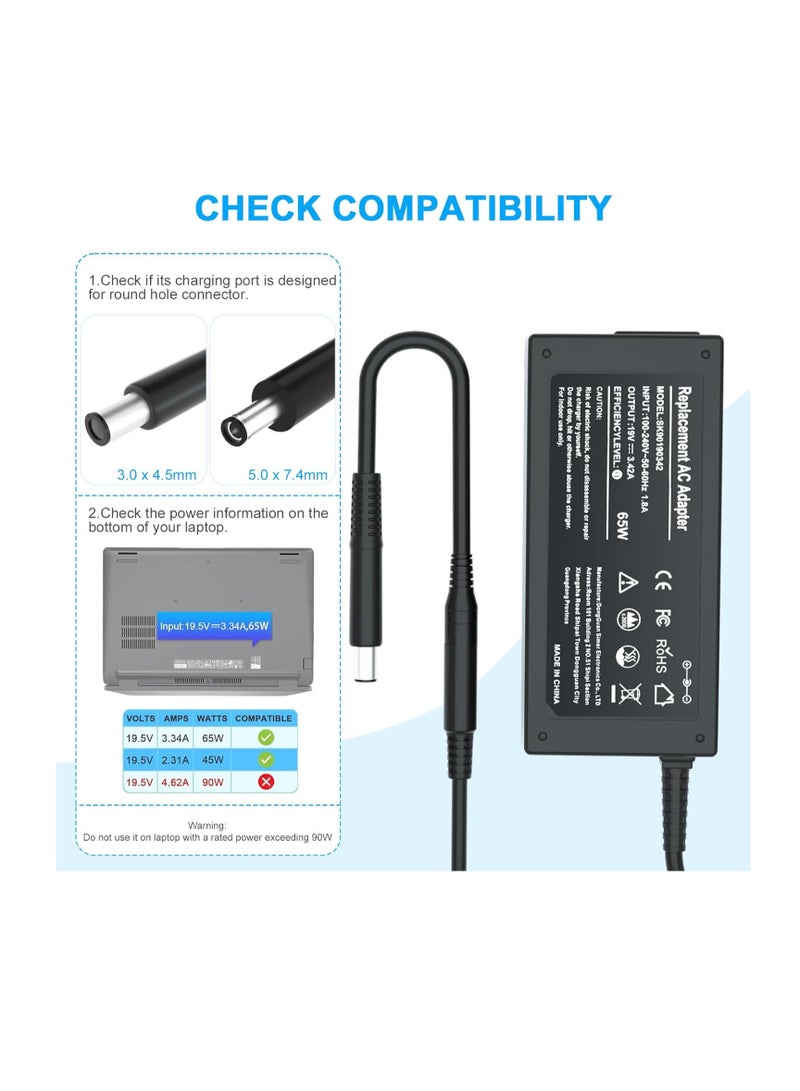 Terabyte شاحن لابتوب 65 واط لديل لاتيتيود 13 3301 3310 3390 14 3400 3410 3420 3490 15 3500 3510 3520 3590 فوسرو 13 5301 5390 14 5401 5402 5490 15 3558 3559 - محول مدرج من UL - Image 2