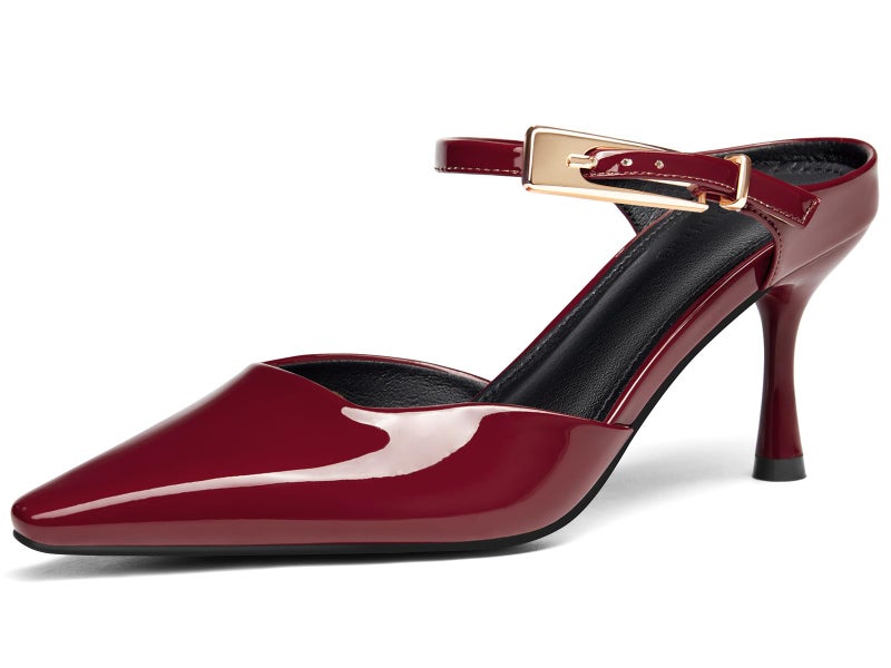 Coutgo Womens High Heels Mules Closed Pointed Toe Kitten Heel Pumps Ankle Buckle Strap Slip On Backless Dress Shoes Burgundy Size 6