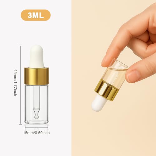 ETTSNU 10pcs Mini Glass Dropper Bottle for Essential Oil,1ml Small Clear Sample Dropper Vails with Gold Cap,Perfume Cosmetic Liquid Containers for Traveling (3ml, 10) - Image 2