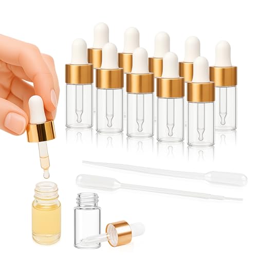 ETTSNU 10pcs Mini Glass Dropper Bottle for Essential Oil,1ml Small Clear Sample Dropper Vails with Gold Cap,Perfume Cosmetic Liquid Containers for Traveling (3ml, 10) - Image 1
