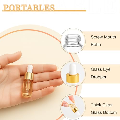 ETTSNU 10pcs Mini Glass Dropper Bottle for Essential Oil,1ml Small Clear Sample Dropper Vails with Gold Cap,Perfume Cosmetic Liquid Containers for Traveling (3ml, 10) - Image 3