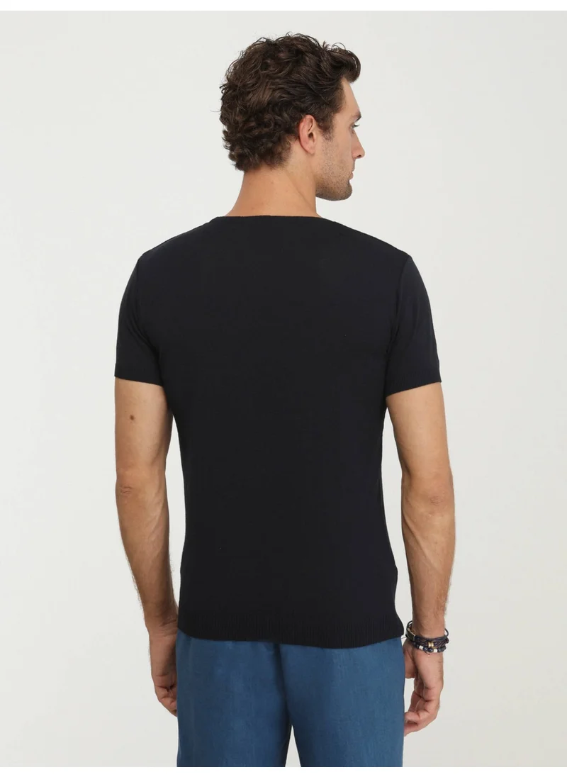 كيب Navy Blue Crew Neck Jacquard Sweater