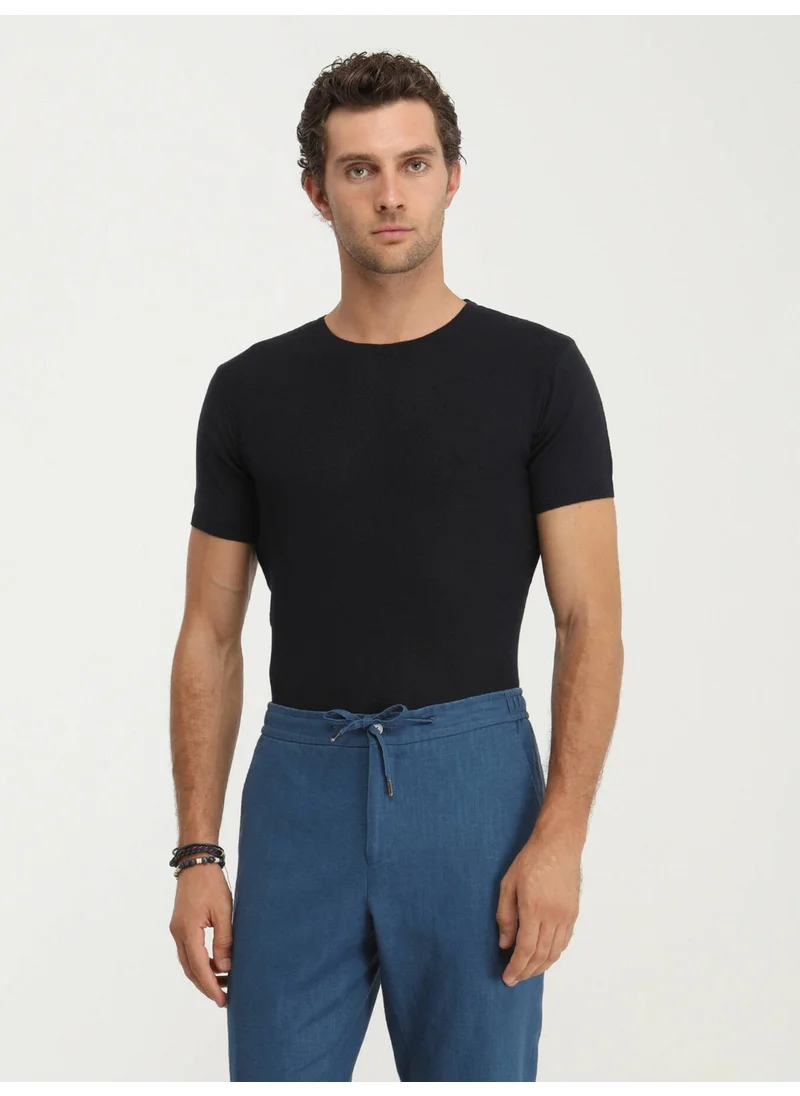 كيب Navy Blue Crew Neck Jacquard Sweater