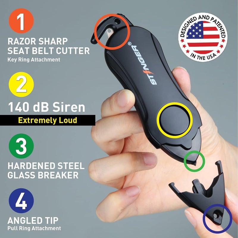 STINGER Personal Safety Alarm Keychain Emergency Tool, Panic Alarm Siren, Seatbelt Cutter, Car Window Breaker, Safety Device for Women Kid, 140 dB Siren (Black) - Image 2