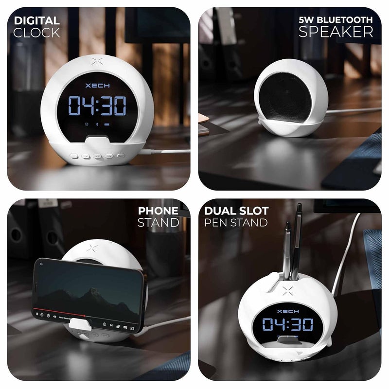 Xech Digital Alarm Clock for Students Heavy Sleepers Small Table LED Clocks with Speaker Phone Holder Pen Stand Bedroom Study Room Home Desk Ellipse White - Image 2