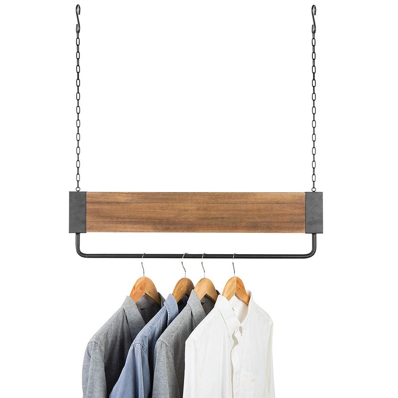 INDIAN DECOR INDIAN DECOR 88344 Classic Industrial Black Metal MDF Wood Garment Rod with Hanging Chain  - Image 3