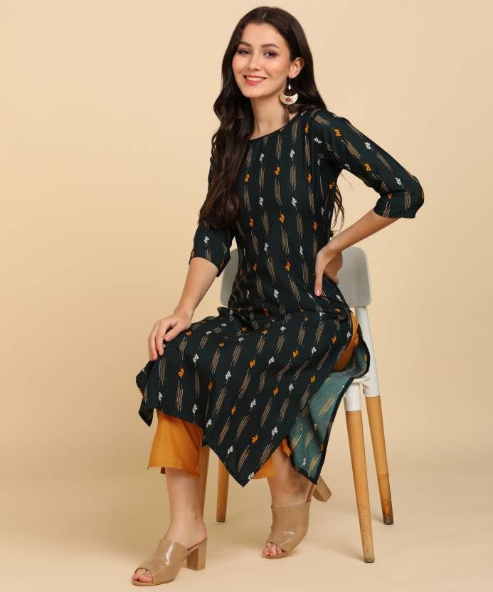 PATLANI Women's A-Line-Calf langth Half Sleeve Crepe Kurti. Green - Image 5