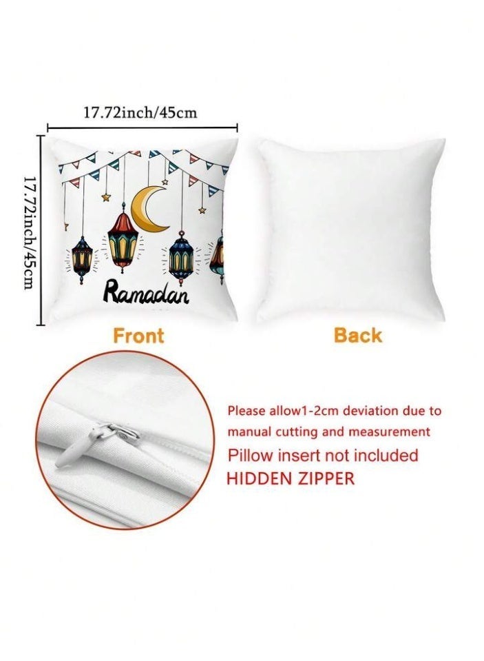 الحرائر  طقم من 4 أغطية وسائد من الكتان الناعم مطبوعة على وجه واحد بتصميم عصري وشعبي لفوانيس شهر رمضان المبارك والعيد مقاس 45X45 سم - Image 4