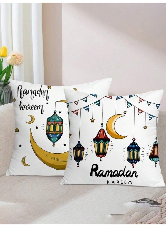 الحرائر  طقم من 4 أغطية وسائد من الكتان الناعم مطبوعة على وجه واحد بتصميم عصري وشعبي لفوانيس شهر رمضان المبارك والعيد مقاس 45X45 سم - Image 3