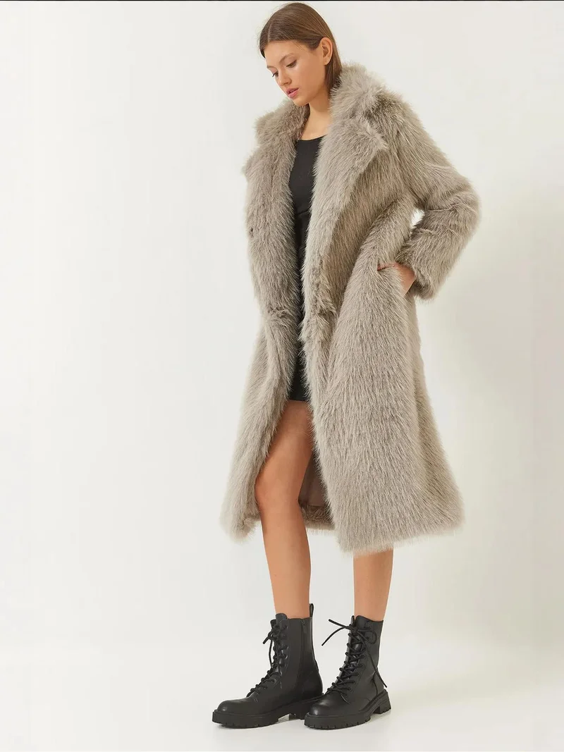 LUCCI Hooded Long Faux Fur Coat