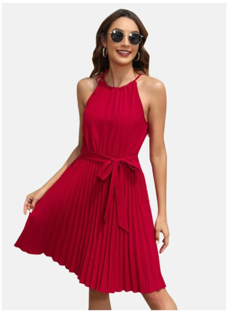 يونيكي Red Round Neck Sleeveless Accordion Pleated Cotton Fit & Flare Dress