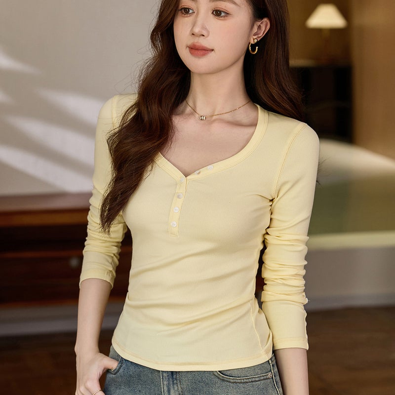 Women's Button V-Neck Long Sleeve T-Shirt - Image 4