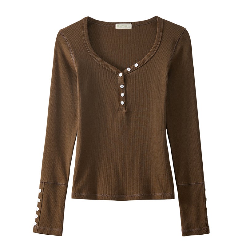 Women's Button V-Neck Long Sleeve T-Shirt - Image 5