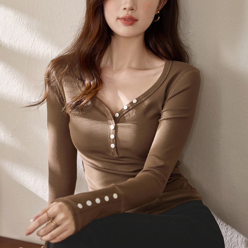 Women's Button V-Neck Long Sleeve T-Shirt - Image 2
