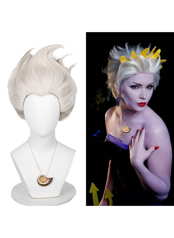Probeauty Probeauty Short Grey White Wig for Women Silver Layered Sea Witch Cosplay Wig with Shell Necklace for Halloween Costume Party + Wig Cap  - Image 2