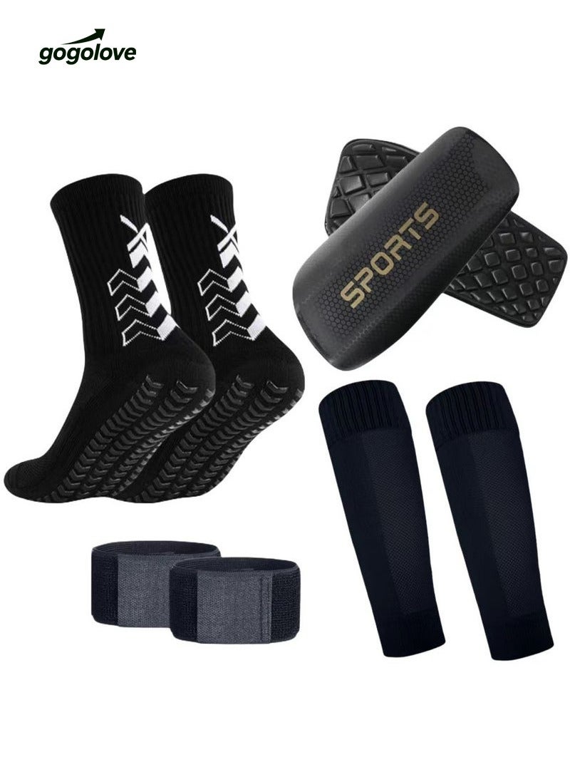 gogolove Football Four Piece Set Skidproof Soccer Socks Nylon Pocket Shin Guard Sleeves Calf Compression Socks For Soccer Football Sports Adjustable Shin Guard Straps(Black) - Image 1