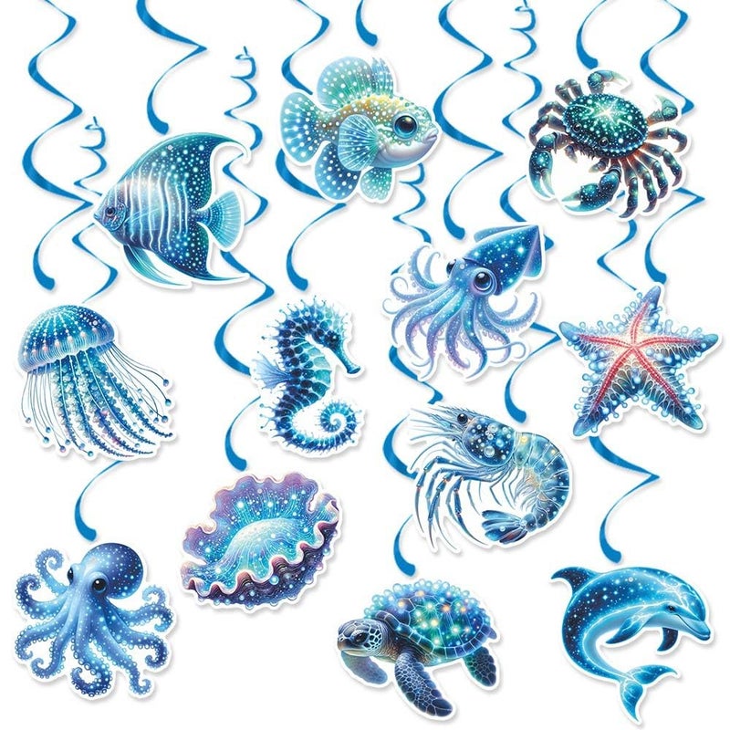 Oiuyamn Sea Animals Birthday Decorations, Fish Hanging Swirls Deco for Under The Sea, Ocean Theme Party Supplies & Party Decorations Streamers, Kids Marine Life Party Decor - Image 1