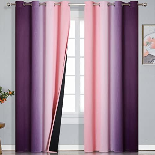 Estelar Textiler Ombre Pink and Purple Blackout Curtains 84 Inches Long, Full Room Darkening Curtains for Bedroom, Completely Light Blocking Grommet Thermal Insulated Gradient Drapes for Kids Room,52x84 Inch, 2 Panels - Image 1