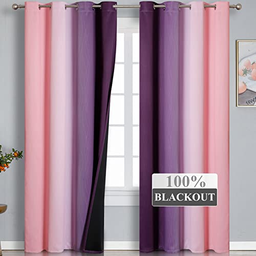 Estelar Textiler Ombre Pink and Purple Blackout Curtains 84 Inches Long, Full Room Darkening Curtains for Bedroom, Completely Light Blocking Grommet Thermal Insulated Gradient Drapes for Kids Room,52x84 Inch, 2 Panels - Image 2