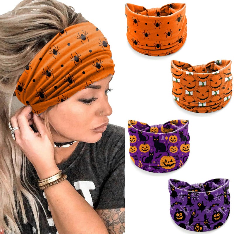 winthrop 4 Pack Halloween Headbands for Women Cute Pumpkin Ghost Bat Spider Prints Wide Stretchy Hair Bands Breathable Stretchy NonSlip Holiday Themed Hair Accessories for Party Yoga Makeup Costume - Image 3