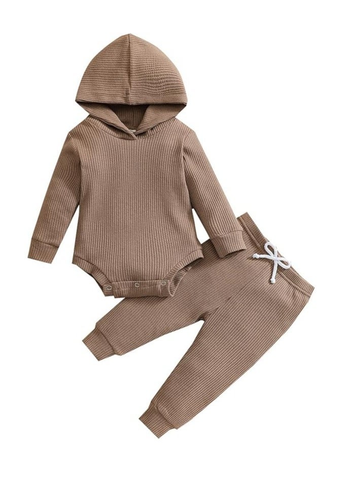 Newborn Unisex Baby Clothes Set Hooded Long Sleeve Bodysuit Stretchy Pants Ribbed Outfits Fall Winter - Image 1